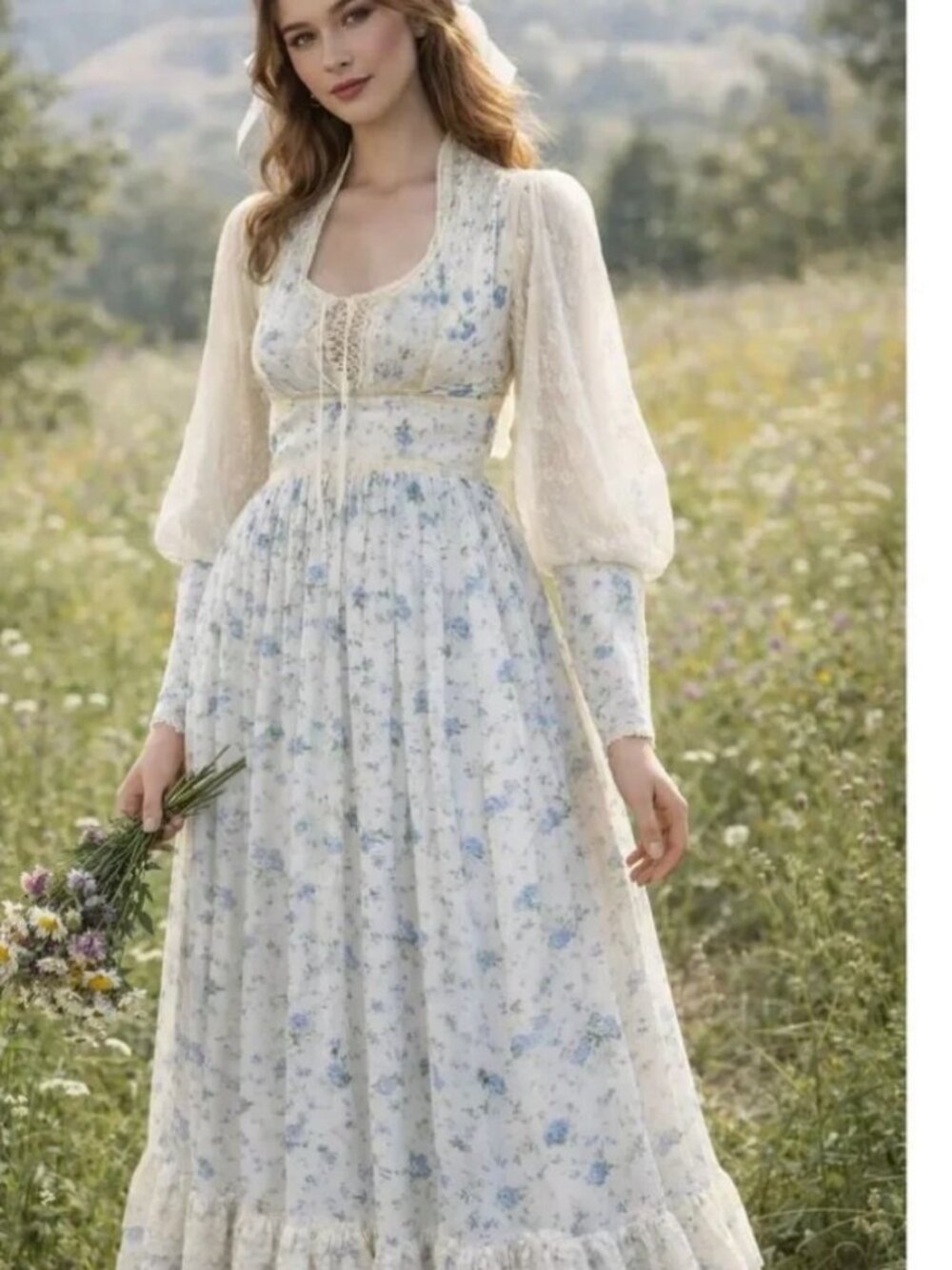 Gunne Sax Blue White Floral Print Lace Maxi Dress